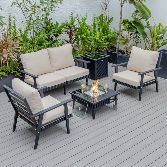 LeisureMod Walbrooke Beige Black Patio Conversation 4pc Seating Set with Square Fire Pit LSM-WBLS-27-20-57-31-BG