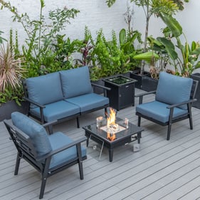 LeisureMod Walbrooke Navy Blue Black Patio Conversation 4pc Seating Set wit...