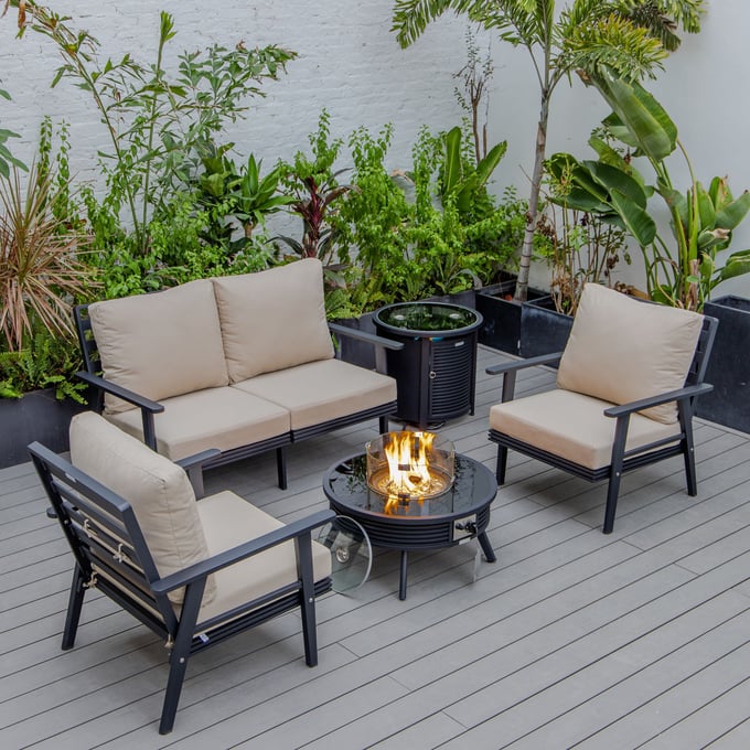 LeisureMod Walbrooke Beige Black Patio Conversation 4pc Seating Set Round Fire Pit LSM-WBLS-29-24-57-31-BG