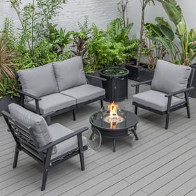 LeisureMod Walbrooke Grey Black Patio Conversation 4pc Seating Set Round Fi...