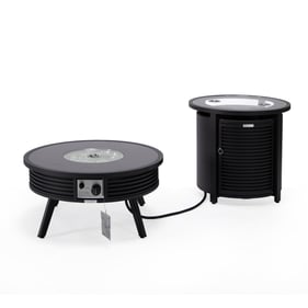 LeisureMod Walbrooke Black Patio Round Fire Pit and Tank Holder with Slats