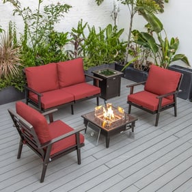 LeisureMod Walbrooke Red Brown Patio Conversation 4pc Seating Set Square Fi...