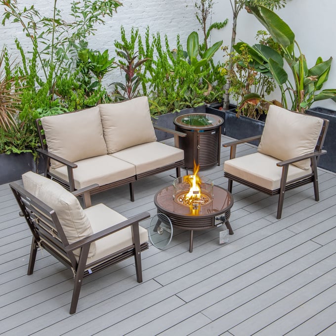 LeisureMod Walbrooke Beige Brown Patio Conversation 4pc Seating Set Round Fire Pit LSM-WBRS-29-24-57-31-BG