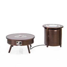 LeisureMod Walbrooke Brown Patio Round Fire Pit and Tank Holder with Slats