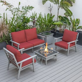 LeisureMod Walbrooke Red Grey Patio Conversation 4pc Seating Set Square Fir...