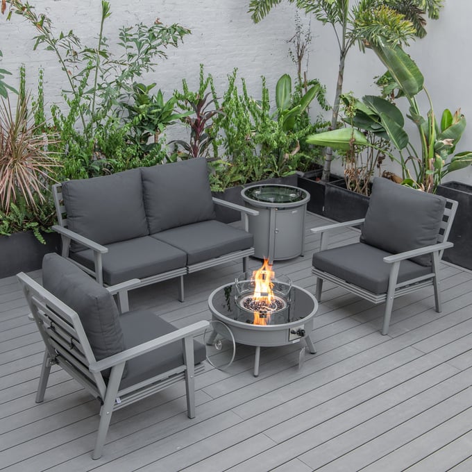 LeisureMod Walbrooke Charcoal Grey Patio Conversation 4pc Seating Set Round Fire Pit and Tank Holder LSM-WGR-29-24-57-31-CH