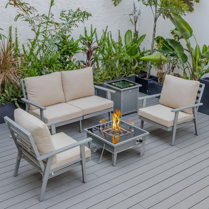 LeisureMod Walbrooke Beige Grey Patio Conversation 4pc Seating Set Square Fire Pit LSM-WGRS-27-20-57-31-BG