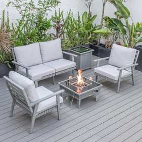 LeisureMod Walbrooke Light Grey Patio Conversation 4pc Seating Set Square F...