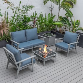 LeisureMod Walbrooke Navy Blue Grey Patio Conversation 4pc Seating Set Squa...