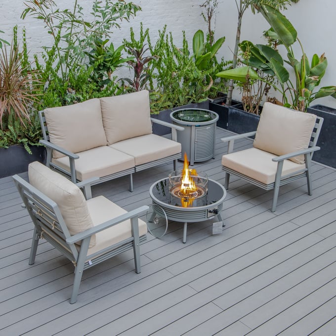 LeisureMod Walbrooke Beige Grey Patio Conversation 4pc Seating Set Round Fire Pit LSM-WGRS-29-24-57-31-BG