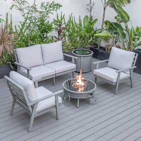 LeisureMod Walbrooke Light Grey Patio Conversation 4pc Seating Set Round Fi...