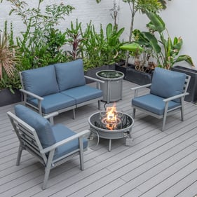 LeisureMod Walbrooke Navy Blue Grey Patio Conversation 4pc Seating Set Roun...