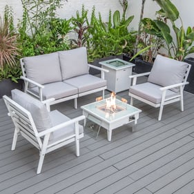 LeisureMod Walbrooke Light Grey White Patio Conversation 4pc Seating Set Sq...