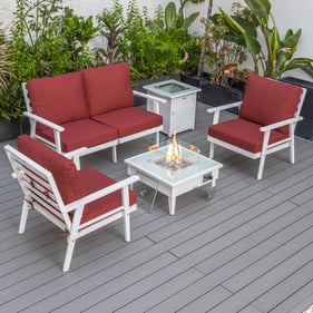 LeisureMod Walbrooke Red White Patio Conversation 4pc Seating Set Square Fi...