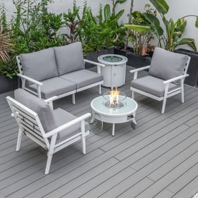 LeisureMod Walbrooke Grey White Patio Conversation 4pc Seating Set Round Fi...