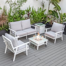 LeisureMod Walbrooke Light Grey White Patio Conversation 4pc Seating Set Sq...