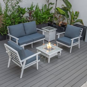 LeisureMod Walbrooke Navy Blue White Patio Conversation 4pc Seating Set Squ...