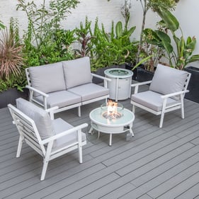 LeisureMod Walbrooke Light Grey White Patio Conversation 4pc Seating Set Ro...