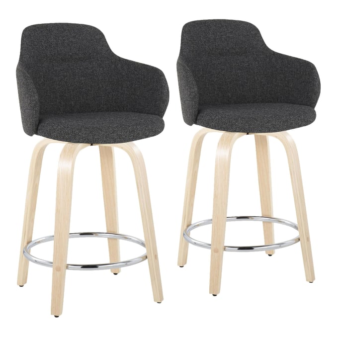 2 LumiSource Boyne Natural Dark Grey 24 Inch Swivel Counter Stools with Chrome Round Footrest LUMI-B24-BOYNEFB-GRTZR2-NADGY2