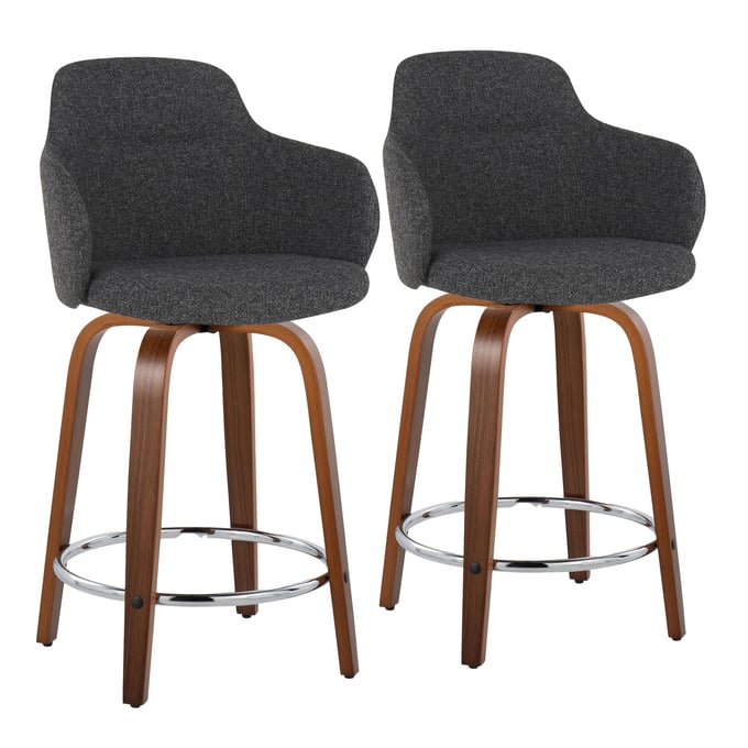 2 LumiSource Boyne Walnut Dark Grey 24 Inch Swivel Counter Stools with Chrome Round Footrest LUMI-B24-BOYNEFB-GRTZR2-WLDGY2