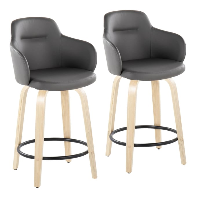 2 LumiSource Boyne Natural Grey 24 Inch Swivel Counter Stools with Black Round Footrest LUMI-B24-BOYNEPU-GRTZQ2-NAGY2