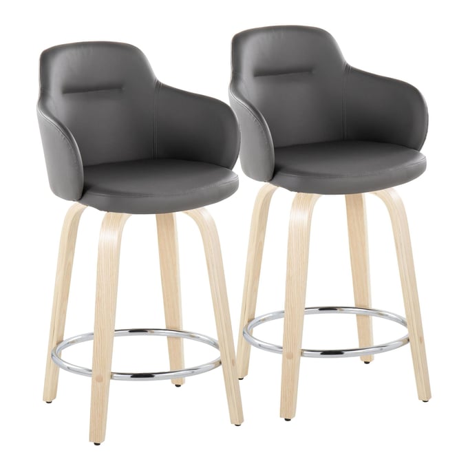 2 LumiSource Boyne Natural Grey 24 Inch Swivel Counter Stools with Chrome Round Footrest LUMI-B24-BOYNEPU-GRTZR2-NAGY2