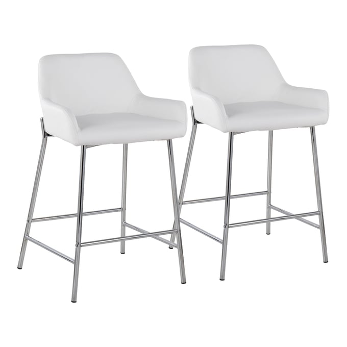 2 LumiSource Daniella Chrome White PU Counter Stools LUMI-B24-DNLA2-CHRMPUW2