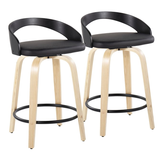 2 LumiSource Grotto Natural Black 24 Inch Swivel Counter Stools LUMI-B24-GROTTOPUGRTZQ2NABKBK2