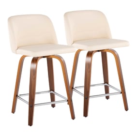 2 LumiSource Toriano Walnut Cream PU 24 Inch Swivel Counter Stools with Chr...