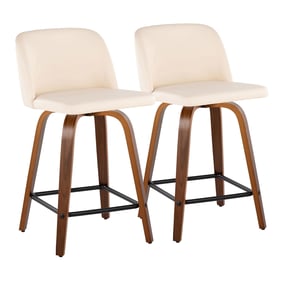 2 LumiSource Toriano Walnut Cream PU 24 Inch Swivel Counter Stools with Bla...