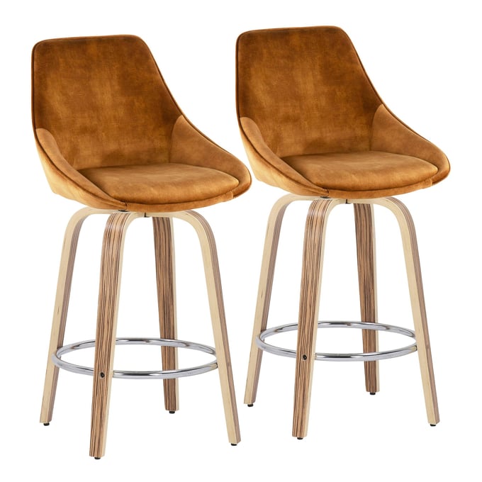 2 LumiSource Diana Zebra Wood Yellow Velvet Counter Stools LUMI-B26-DIANAGRT-R2-ZBVY2