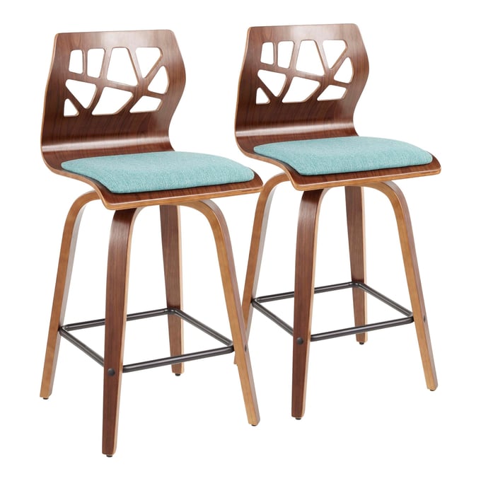 2 LumiSource Folia Walnut Teal 26 Inch Swivel Counter Stools LUMI-B26-FOLIA2-SWVX-WLTL2