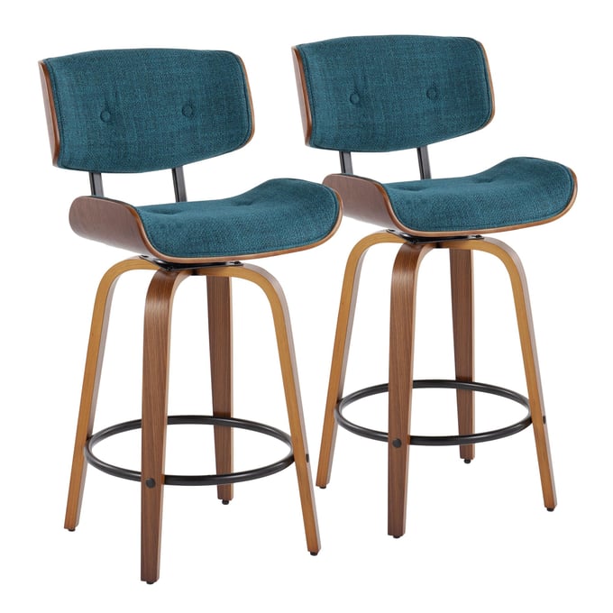 2 LumiSource Lombardi Teal Fabric 26 Inch Swivel Counter Stools LUMI-B26-LMB-GRTZQ2-WLWLTL2