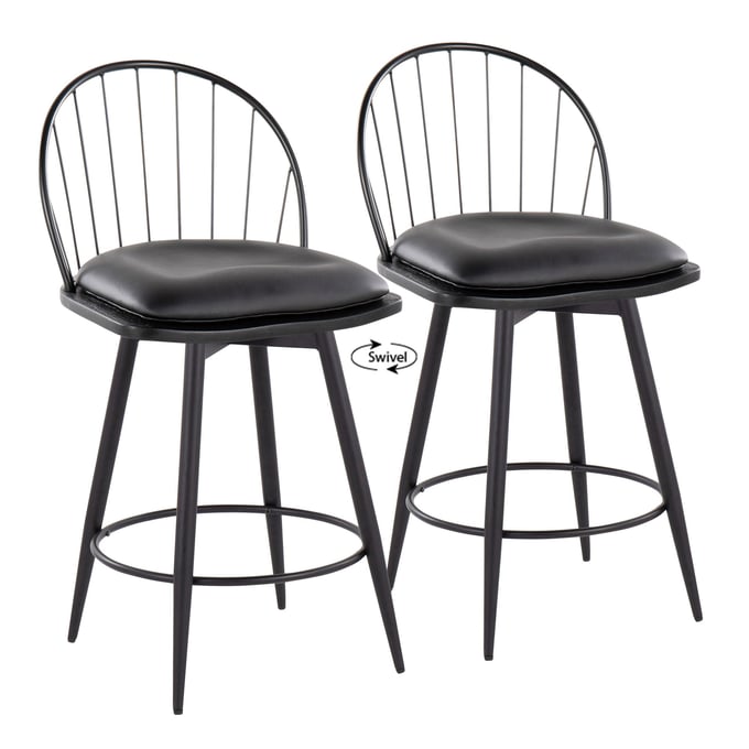 2 LumiSource Riley Matte Black 26 Inch Swivel Counter Stools LUMI-B26-RILEYPU-55ZQ2-BKBKBK2