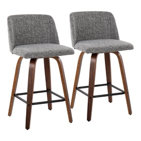 2 LumiSource Toriano Walnut Grey Fabric Swivel Counter Stools with Black Sq...