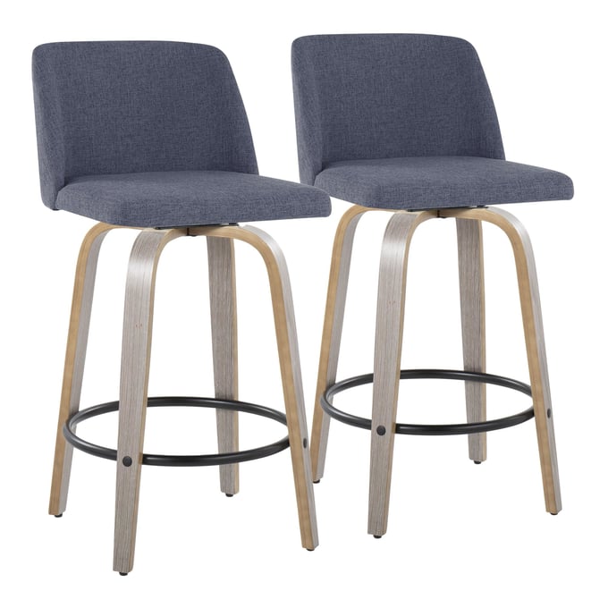 2 LumiSource Toriano Light Grey Blue Fabric 26 Inch Swivel Counter Stools with Black Round Footrest LUMI-B26-TRNOFB-GRTZQ2-LGYBU2