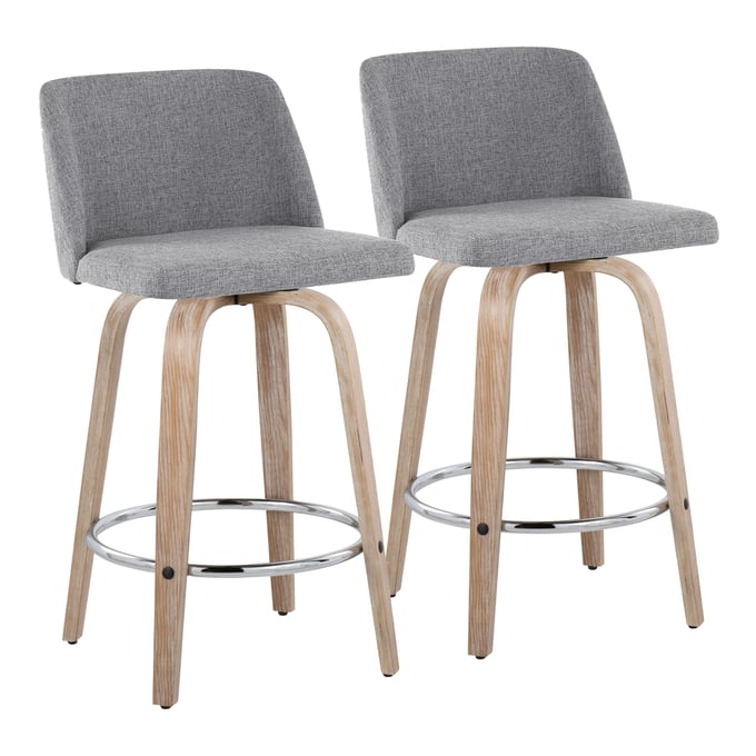 2 LumiSource Toriano Whitewashed Grey Fabric 26 Inch Swivel Counter Stools with Chrome Round Footrest LUMI-B26-TRNOFB-GRTZR2-WWGY2