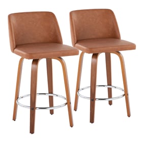 2 LumiSource Toriano Walnut Camel PU 26 Inch Swivel Counter Stools with Chr...