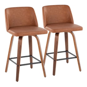 2 LumiSource Toriano Walnut Camel PU 26 Inch Swivel Counter Stools with Bla...