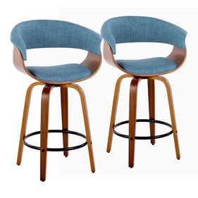 2 LumiSource Vintage Mod Walnut Blue Fabric 26 Inch Swivel Counter Stools w...