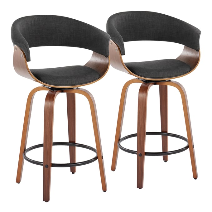 2 LumiSource Vintage Mod Walnut Charcoal Fabric 26 Inch Swivel Counter Stools with Black Round Footrest LUMI-B26-VMO-GRTZQ2-WLWLCHAR2