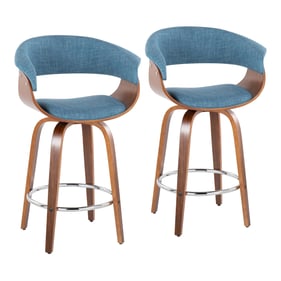 2 LumiSource Vintage Mod Walnut Blue Fabric 26 Inch Swivel Counter Stools w...