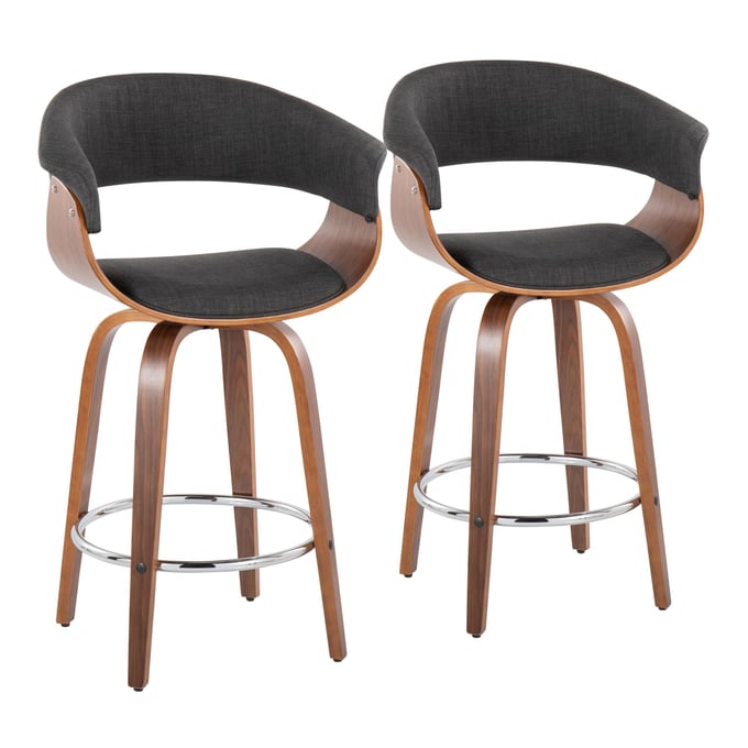 2 LumiSource Vintage Mod Walnut Charcoal Fabric 26 Inch Swivel Counter Stools with Chrome Round Footrest LUMI-B26-VMO-GRTZR2-WLWLCHAR2