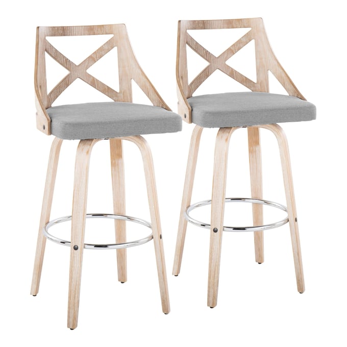 2 LumiSource Charlotte Whitewashed Light Grey 30 Inch Swivel Barstools LUMI-B30-CHARLOTFB-GRTZR2WLGY2