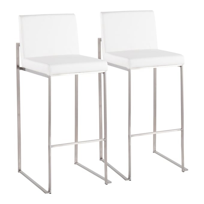 2 LumiSource Fuji Stainless Steel White PU High Back Barstools LUMI-B30-FUJIHB-SSW2