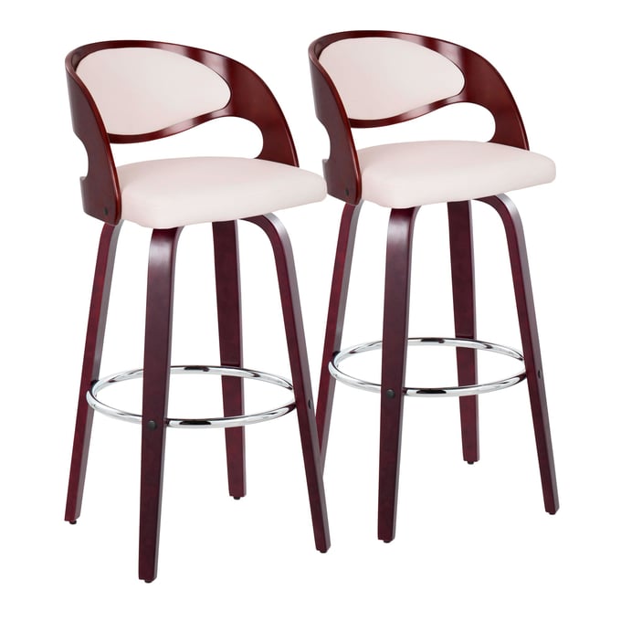 2 LumiSource Pino White 30 Inch Swivel Barstools with Chrome Round Footrest LUMI-B30-PINOPU-GRTZR2-CHCHW2