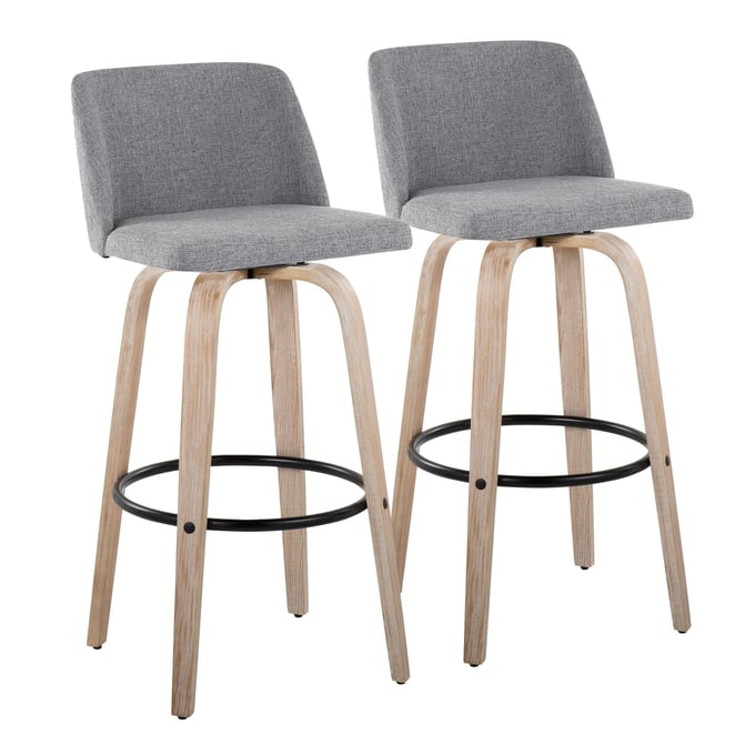 2 LumiSource Toriano Whitewashed Grey Fabric 30 Inch Bar Stools with Black Round Footrest LUMI-B30-TRNOFB-GRTZQ2-WWGY2