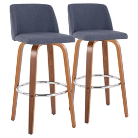 2 LumiSource Toriano Walnut Blue Fabric 30 Inch Swivel Bar Stools with Chro...