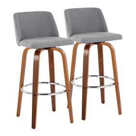 2 LumiSource Toriano Walnut Grey Fabric 30 Inch Swivel Bar Stools with Chro...