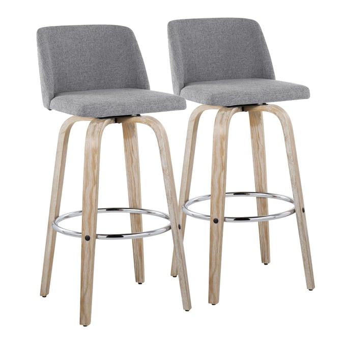 2 LumiSource Toriano Whitewashed Grey Fabric 30 Inch Swivel Bar Stools with Chrome Round Footrest LUMI-B30-TRNOFB-GRTZR2-WWGY2